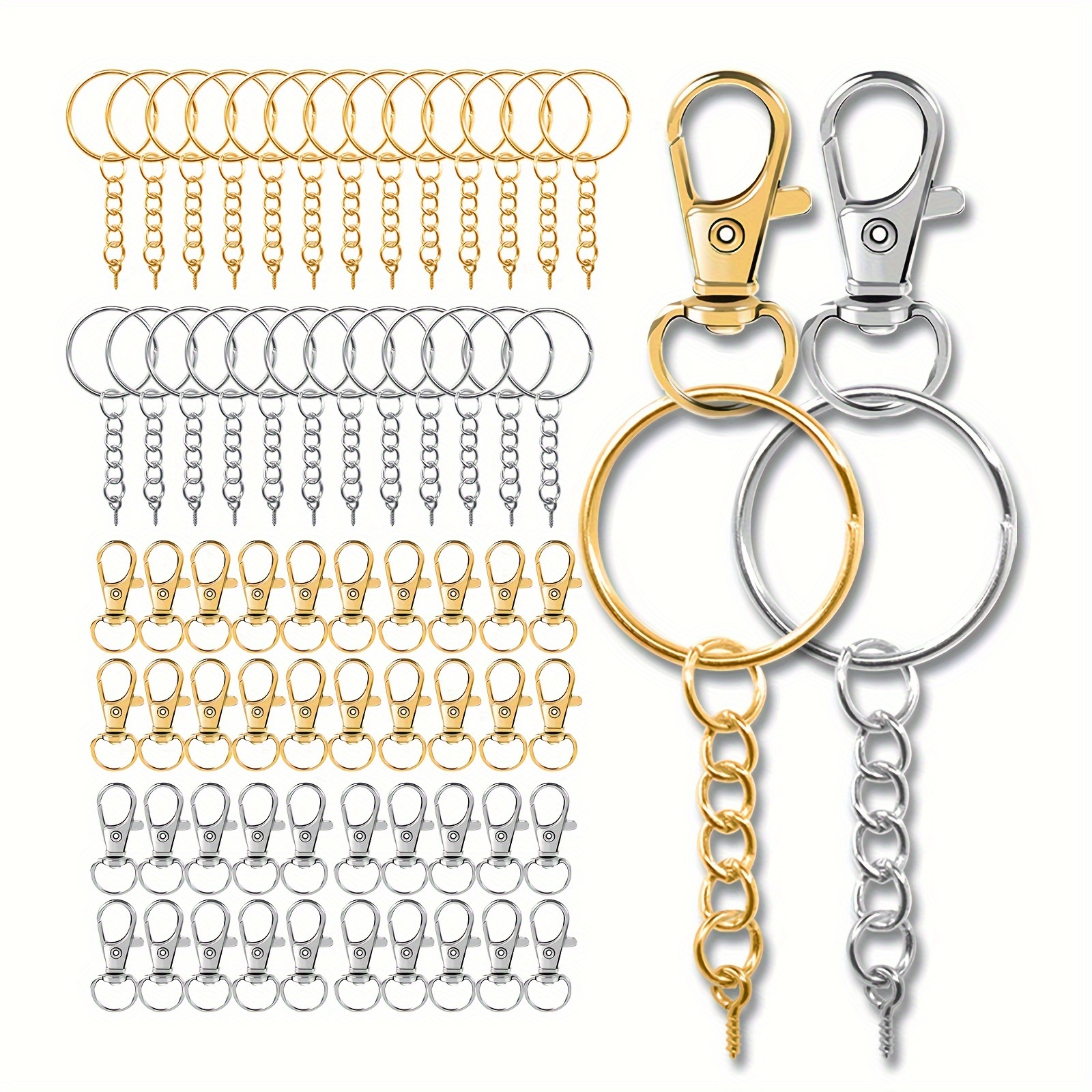 

A Set Of 40 Golden Silvery Keychain Making Accessories, Including 20 Rotating Spring Hooks And 20 Key Ring Chains With Eye Pins, Used For Glue Dripping, Resin Pendants, And Handicraft Diy.