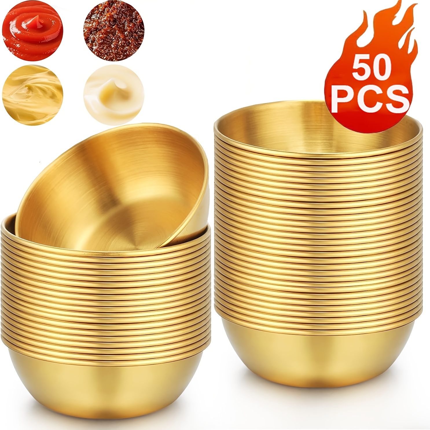 TEMU 50 piezas de platos de salsa dorados de lujo, mini cuencos individuales de acero inoxidable prémium, platos redondos para condimentos para