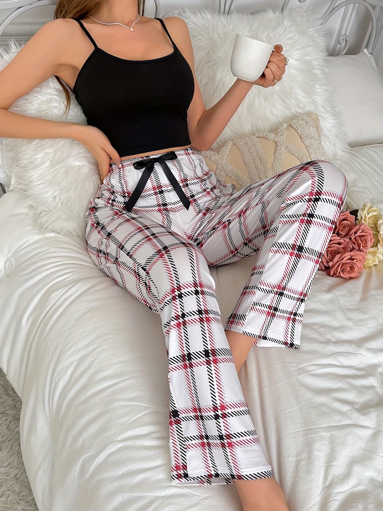 Simple Ribbed Pajama Set, Ruffle V Neck Tank Top & Lounge Pants, Women's  Sleepwear & Loungewear