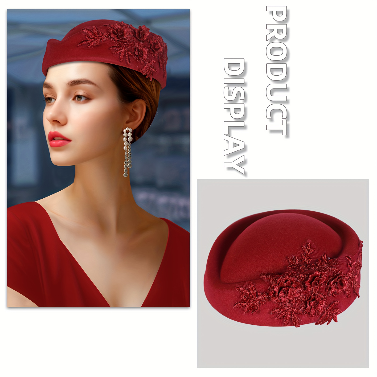 Women\'s British Felt hat Church Derby Headdress Floral Beret hat Red Retro British Women main image 2
