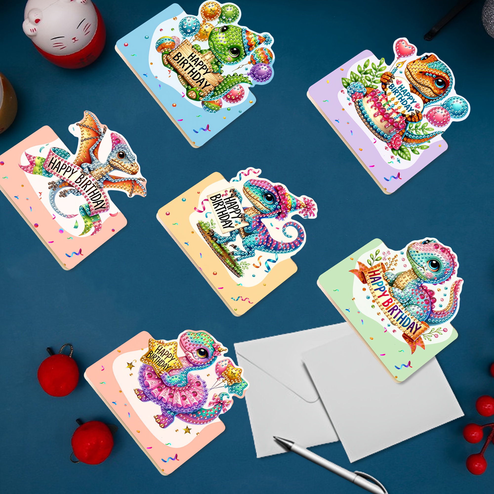 TEMU 6pcs Set New Hot-selling Diamond Painting Kit, Foldable Greeting Card Birthday Card Card, Cartoon Dinosaur , Foldable Irregular-shaped Greeting