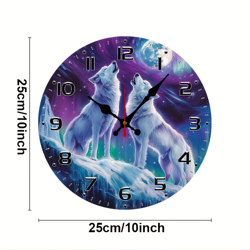 TEMU Wolf Moon Backdrop Clock - 10inch Wood Veneer Europe And America Style Round Silent Flat Wall Clock - Batteries Not Included - Ideal For Living