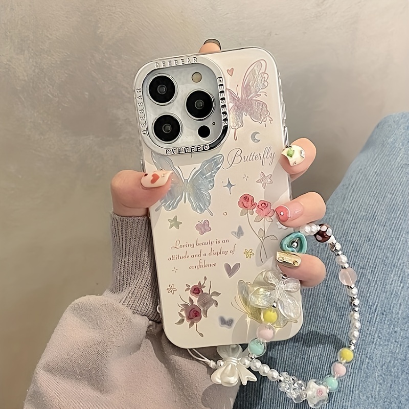 

Colorful Butterfly Flower Phone Case With Chain Cute Phone Case Drop-proof Phone Case For 15, 11, 12, 13, 14, Pro Max, Pro, Plus, Mini Full Wrap Phone Case