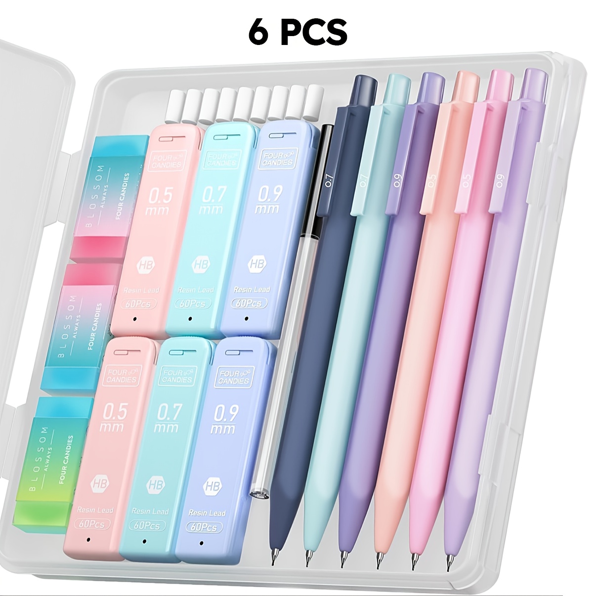 Image of 4 Candies Cute Mechanical Pencil Set, 6pcs Pastel Mechanical Pencils 0.5 Mm & 0.7mm & 0.9mm With 360pcs Leads, 3pcs Erasers And 9pcs Eraser Refills, Aesthetic Pencils For Writing, Art Drawing