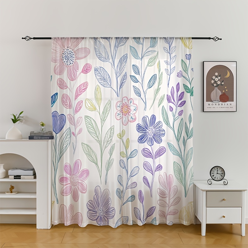 TEMU 2pcs Floral Chiffon Sheer Curtains - Semi-transparent , Rod For Living Room And Bedroom Decor, Polyester Fabric, Nature- Decor | Floral Pattern