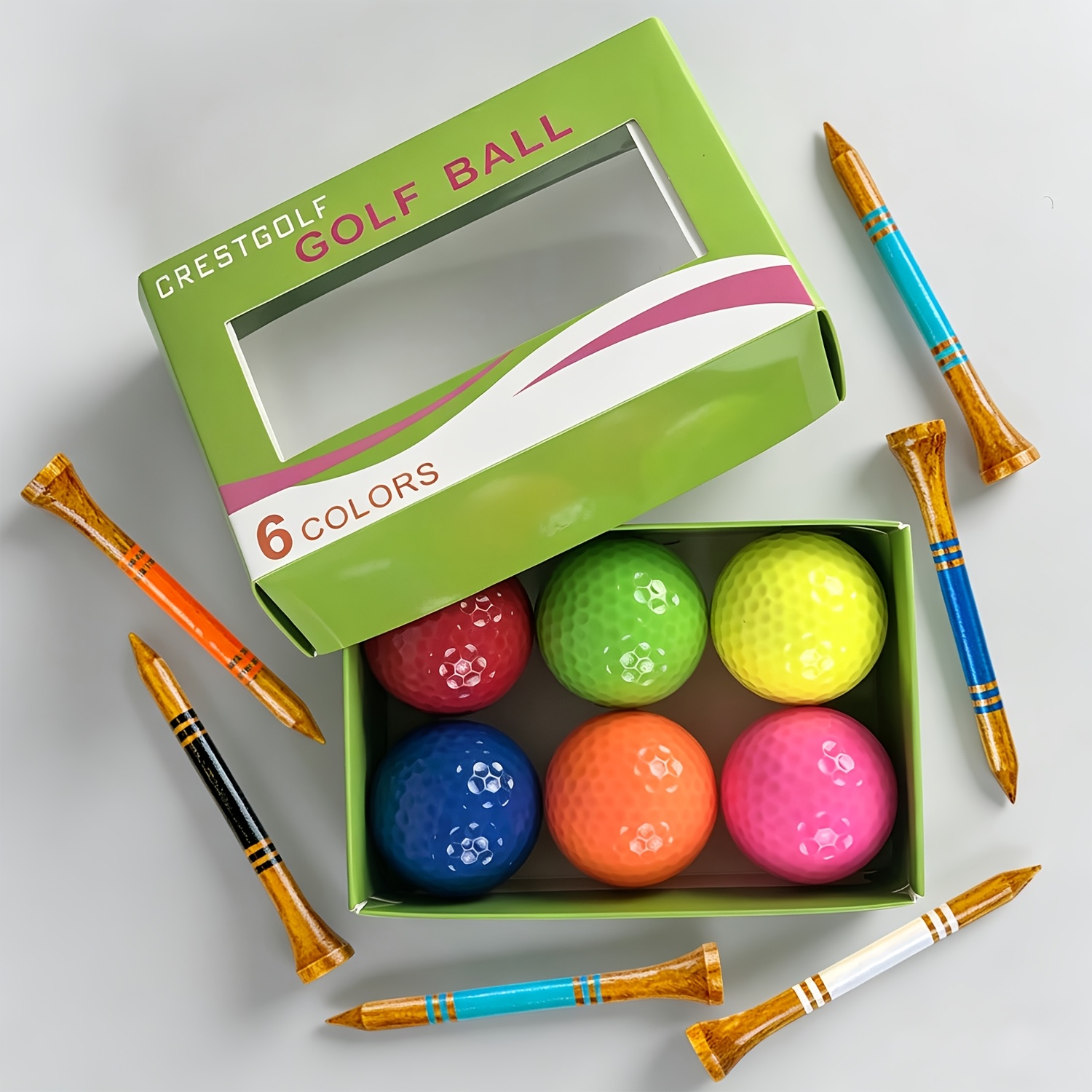 TEMU Ogoone New Multicolor Golf Ball 12pcs Set - Includes 6 Colors Of Golf Balls And Mixed 70mm Golf Tees, Exquisite Design, Enhances Fun,