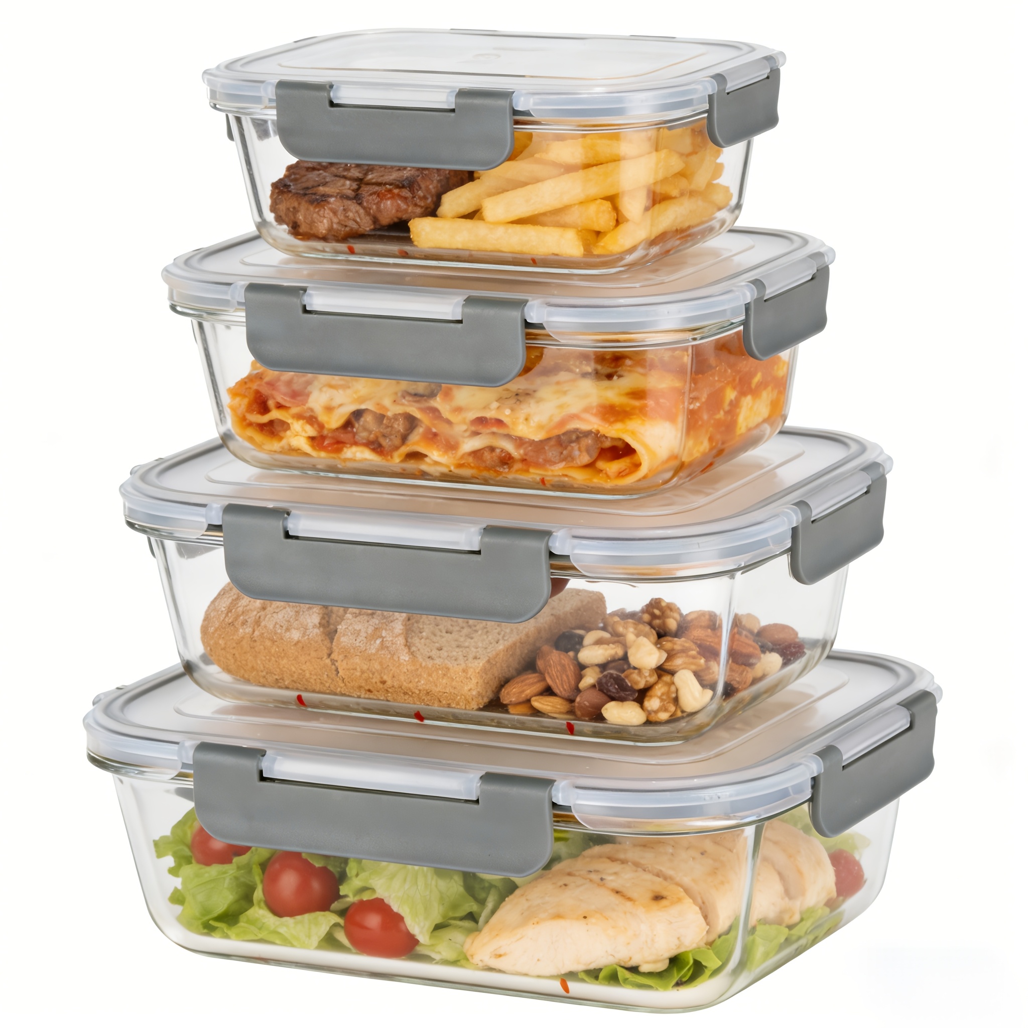TEMU Set Of 4pcs Grey Rectangular Containers (370 Ml, 640 Ml, 1040 Ml, 1520 Ml). Leak-proof Food Storage Containers Are Made From Thick Borosilicate