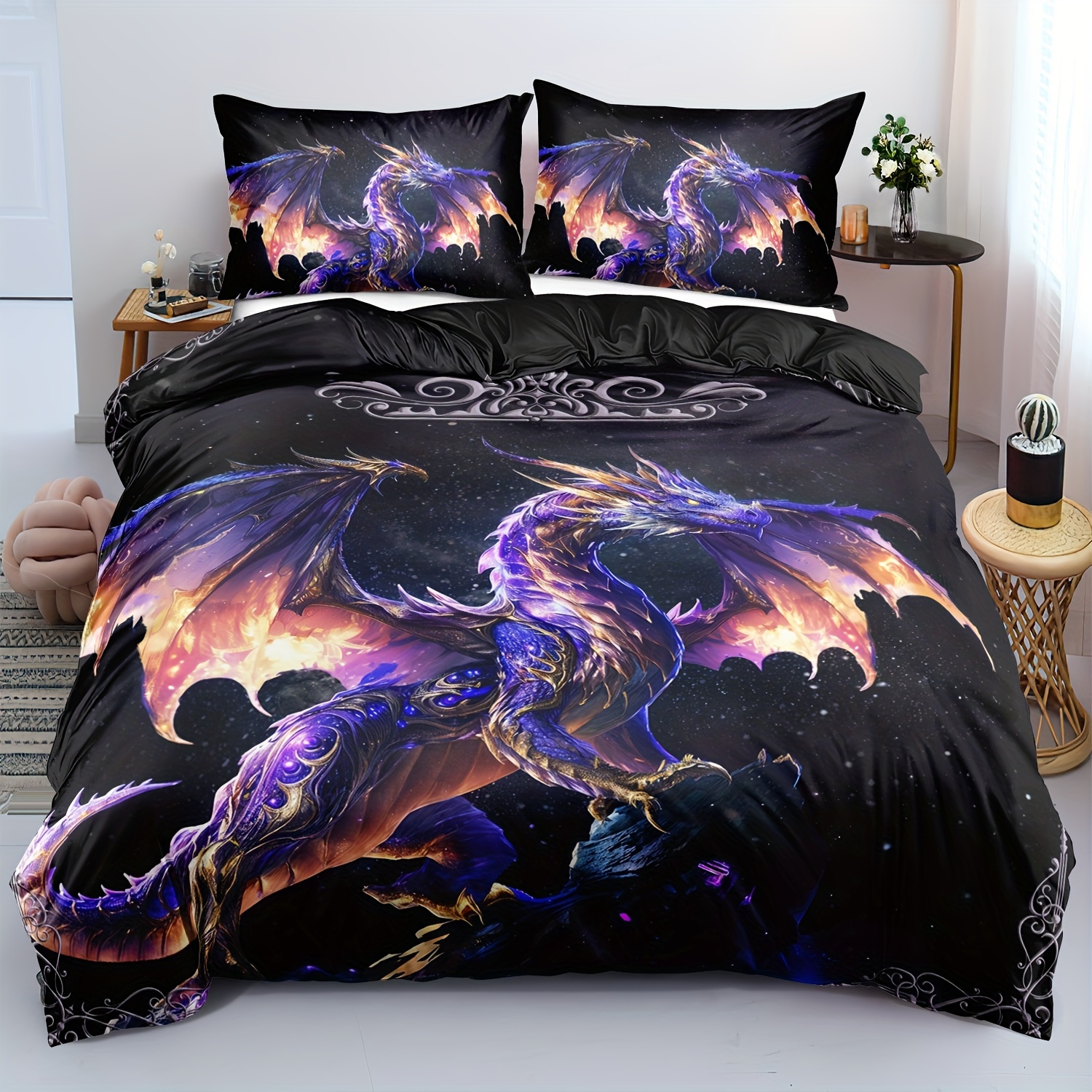 

2/3pcs Dragon-themed Bedding Set, Soft Comfortable Polyester Duvet Cover And Pillowcases, Breathable Animal Print, Machine Washable, With Zipper Closure, For Boys, Twin Size Bedroom Decor