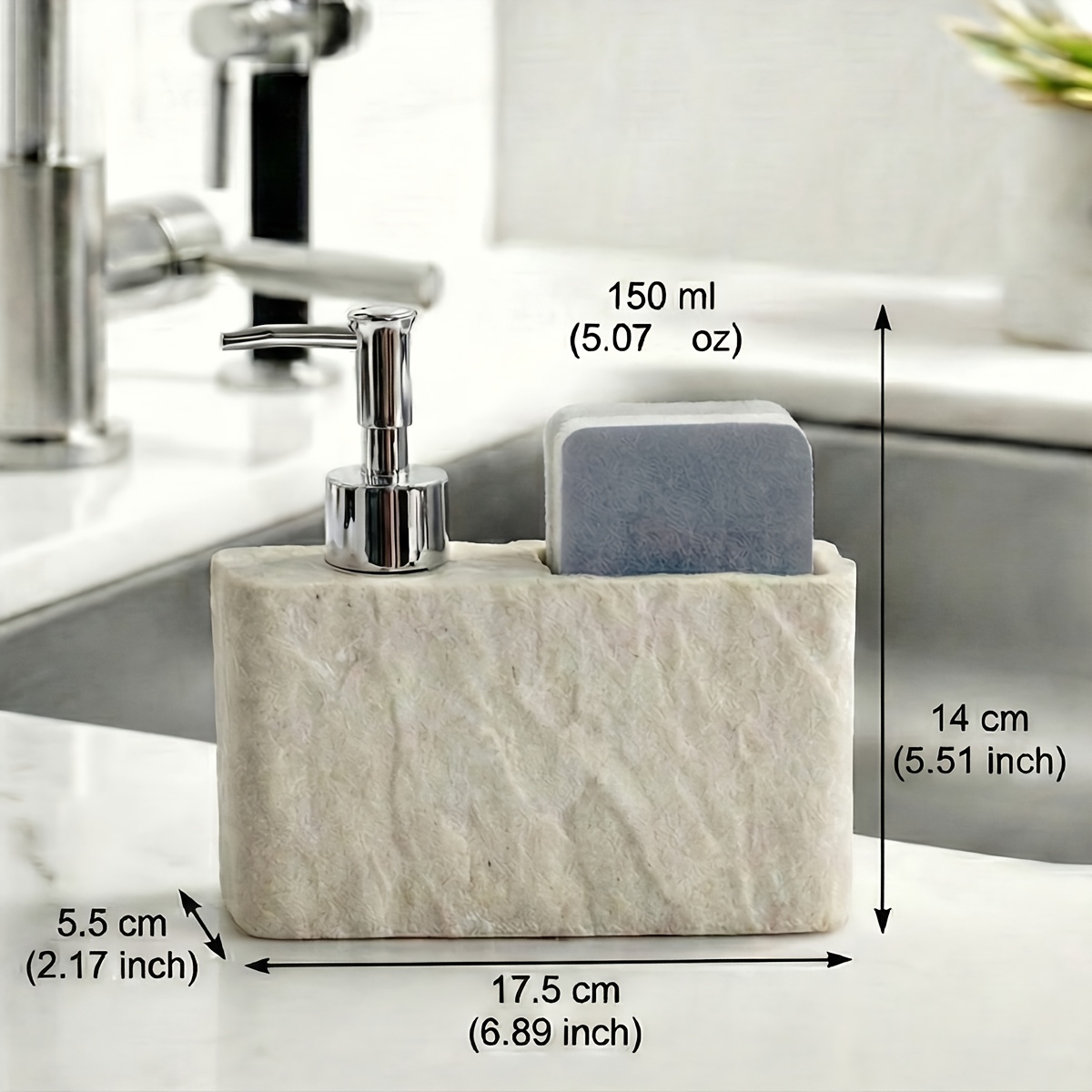 Kitchen Soap Dispenser with Sponge Holder, 2-in-1 Resin Stone Texture Dish Soap Pump and Caddy Organizer for Kitchen Sink Countertop