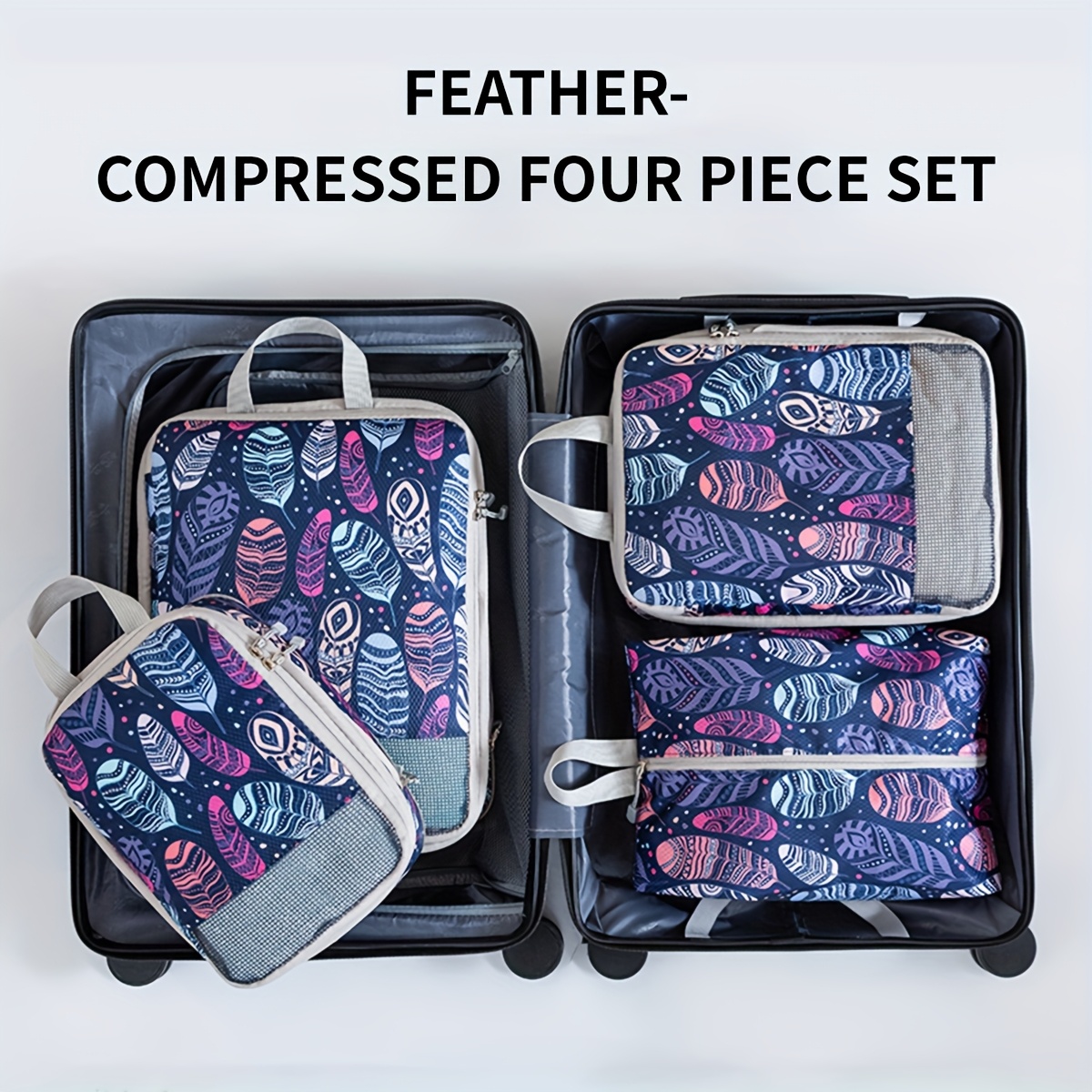 TEMU 4pcs Elegant Printed Travel Organizer Set - Compressed Pack Cube, Suitable For Toiletries, Cosmetics, Clothes, Shoes | Durable Polyester, Hand