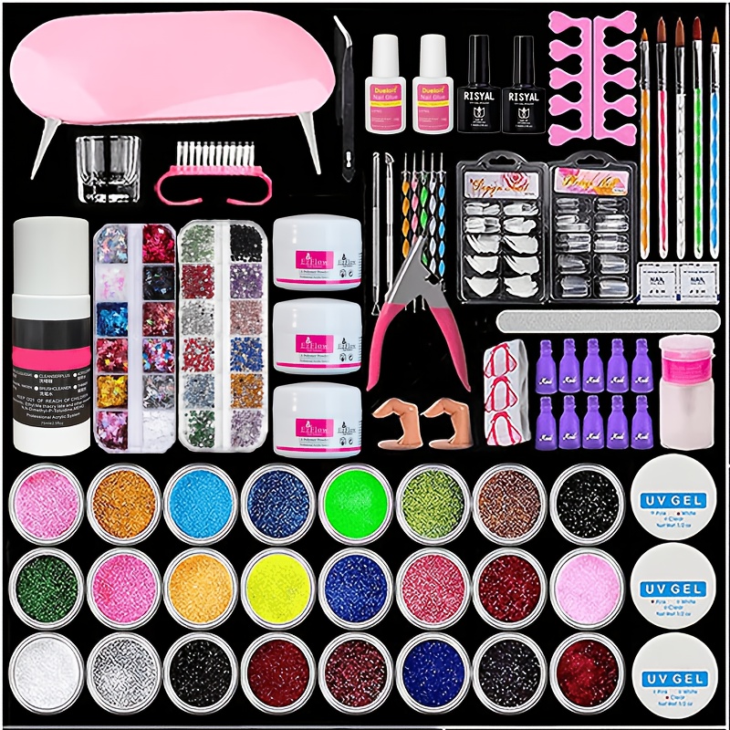 TEMU Kit complet de pratique de l'ongle en acrylique à faire soi-même avec lampe et ongles artificiels d'entraînement - Système gel/poudre adapté aux