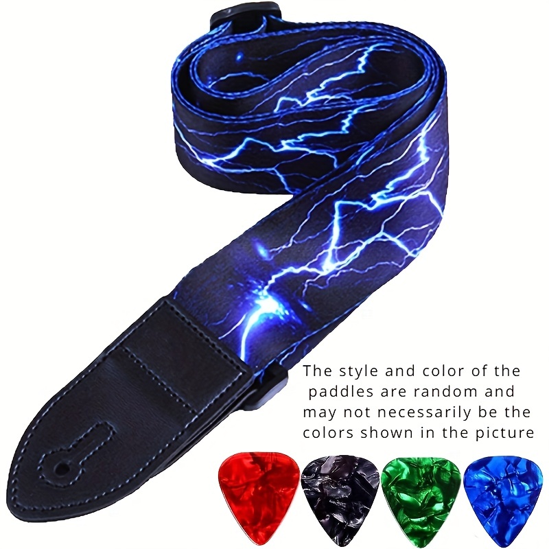 

Adjustable Guitar Strap With Leather Ends And Lightning Design For Electric, Bass & Acoustic Guitars - Includes 4 Picks, Non-slip Woven Material,