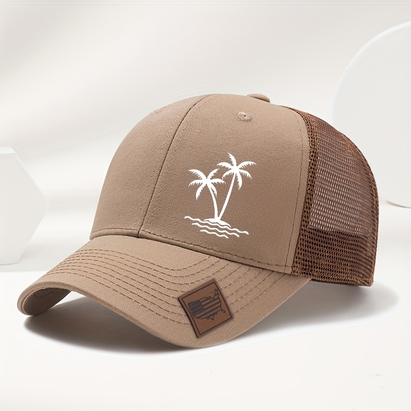 Image of Sporty Coconut Tree Pattern Print Exquisite Baseball Cap Hip-hop Snapback Casual Versatile Stylish Mesh Cap Unisex Outdoor Party Trucker Hat
