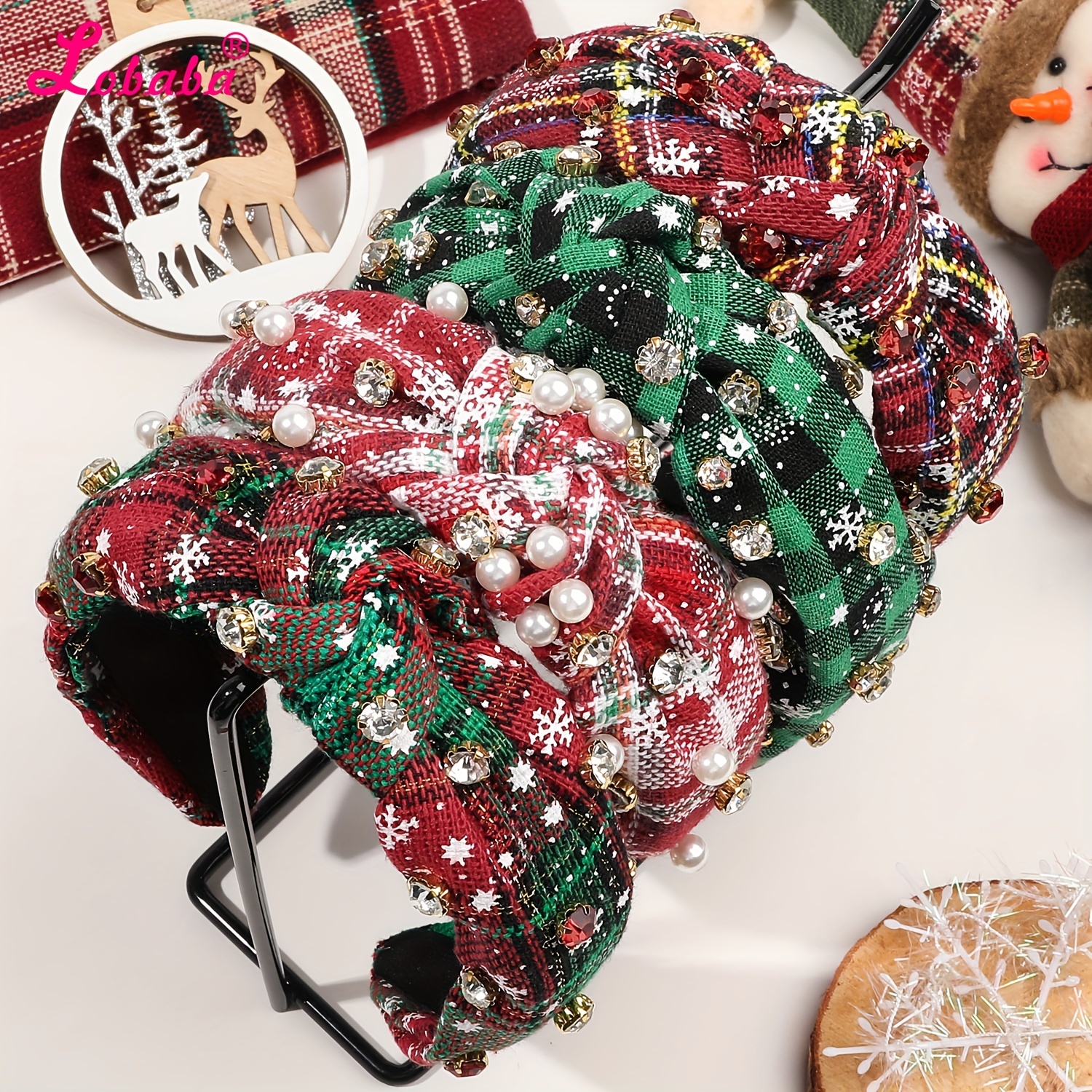 

Lobaba Christmas Fabric Headband With Rhinestone And Imitation Pearl Embellishments, Cute Plaid Bowknot Hairband For Women, Festive Santa Claus Themed Hair Accessory, Single Piece