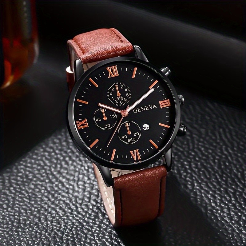 2pcs set mens brown pu strap disc dial casual calendar quartz watch rope bangle set details 3