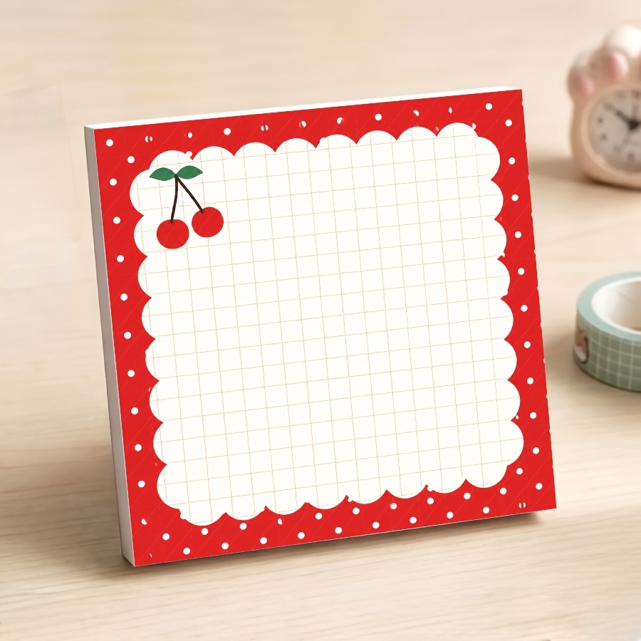 TEMU Kawaii Cherry & Red Polka Dot Scalloped Tear-off Notepad - Non-sticky Grid Paper Suitable For School, Office Desk Decor, Planner, Memo Pad With