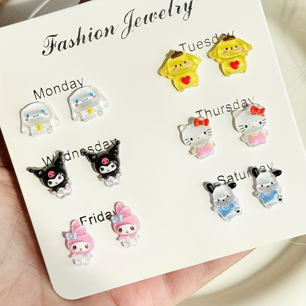 Image of 6 Pairs Of Hello Kitty, My Melody, Cinnamoroll, Kuromi, And Frog Stud Earrings, Cartoon Anime Style Earrings, Cute Birthday Gift, Gift For Mother, Gift For Valentine, New Year's Gift