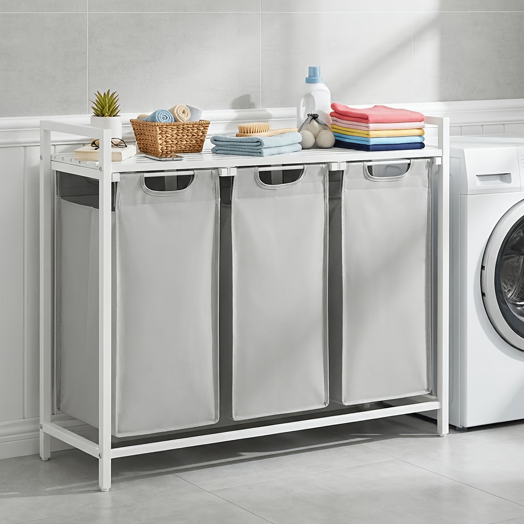 Laundry Basket With 3 Compartments, Laundry Collector With Shelf, Metal Shelf, , Pull-out Removable Laundry Bag, 120 L, 92.5 X 33 X 72 Cm, Laundry Baskets
