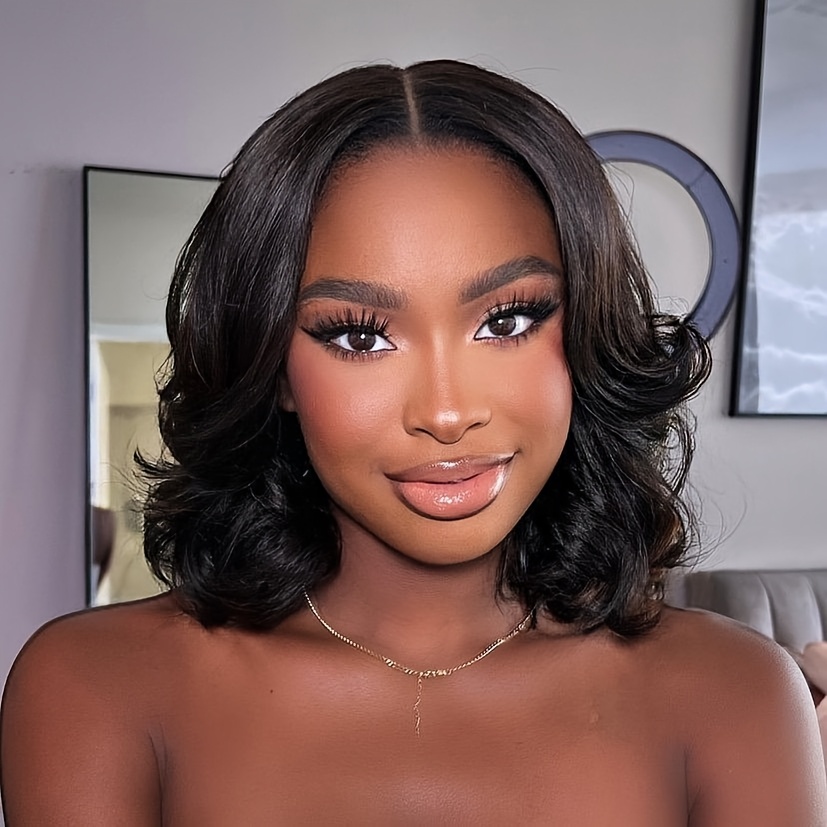 TEMU Elegant Loose *4 Transparent Lace Frontal Human Hair Wig, Light Brown Wig, 180% Density Bob Human Hair, Loose Wave Hairstyle With Hairline, For Daily Wear