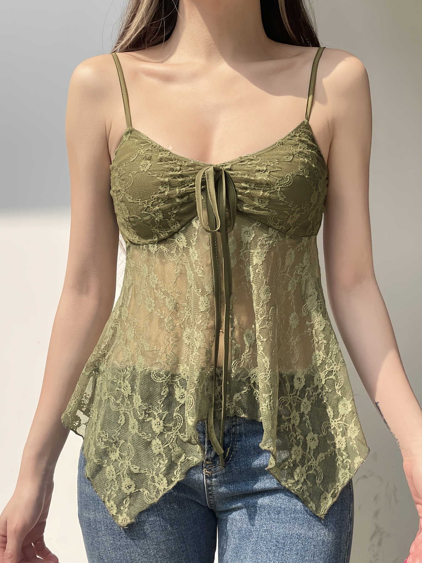 Floerns Women's Lace-Up Camisole Top - Coquette Aesthetic, Lettuce Trim, Slim Fit