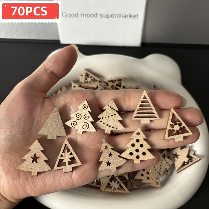 TEMU 70pcs Mini Pièces en Bois Mélangeées d'Arbre de Noël Creux, Ajouts Faits Main pour la Décoration de Scène de Noël, Parfait pour les Réunions de