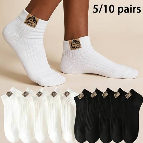 5 pairs 10 pairs pack womens black white short socks solid color versatile socks letter socks spring summer style thin socks couple socks casual athletic socks