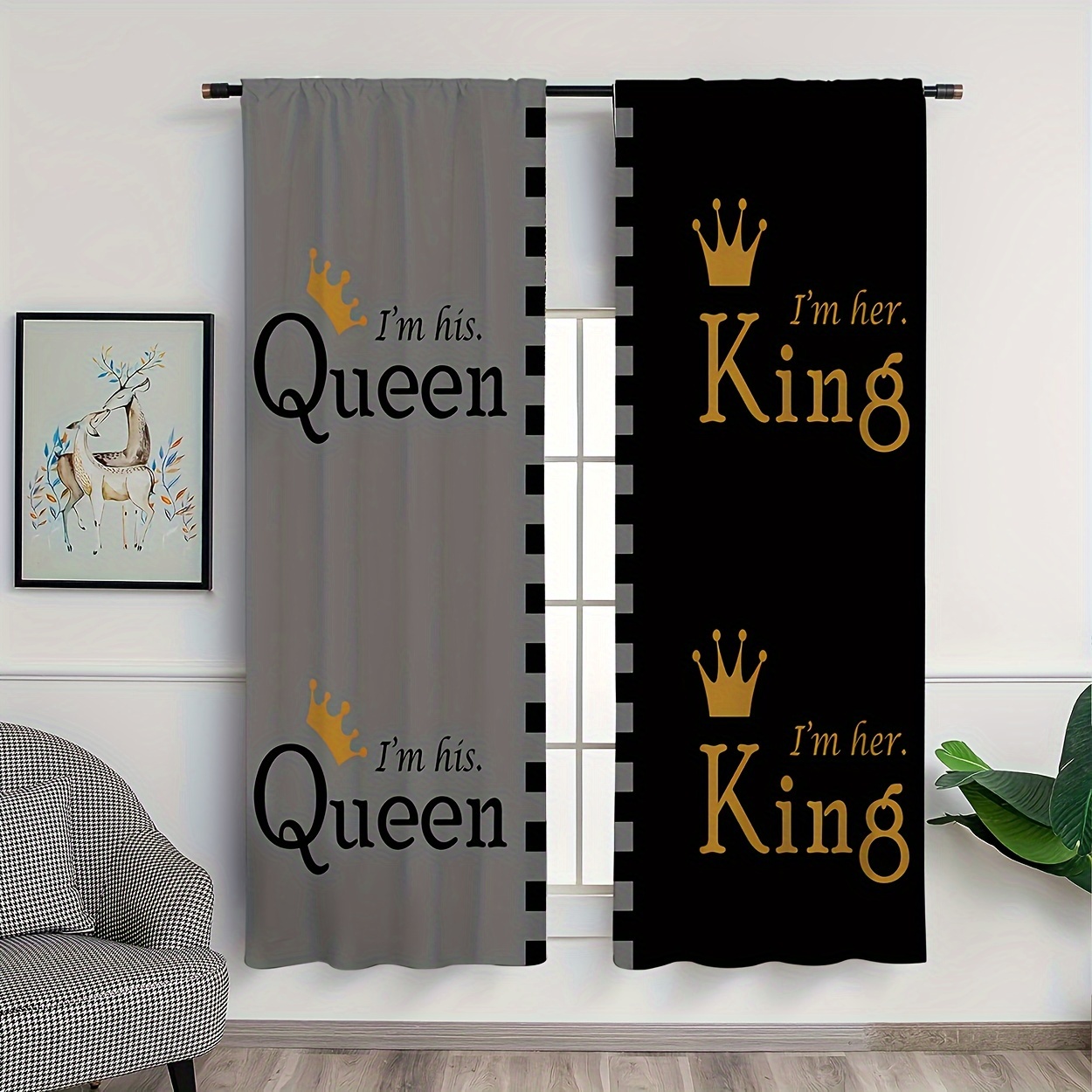 

King And Queen Printed Curtain Panels Set Of 2, Modern Polyester Light-filtering Window Treatments, Machine Washable Fade Resistant Rod Pocket Drapes For Bedroom, Office, And Decor