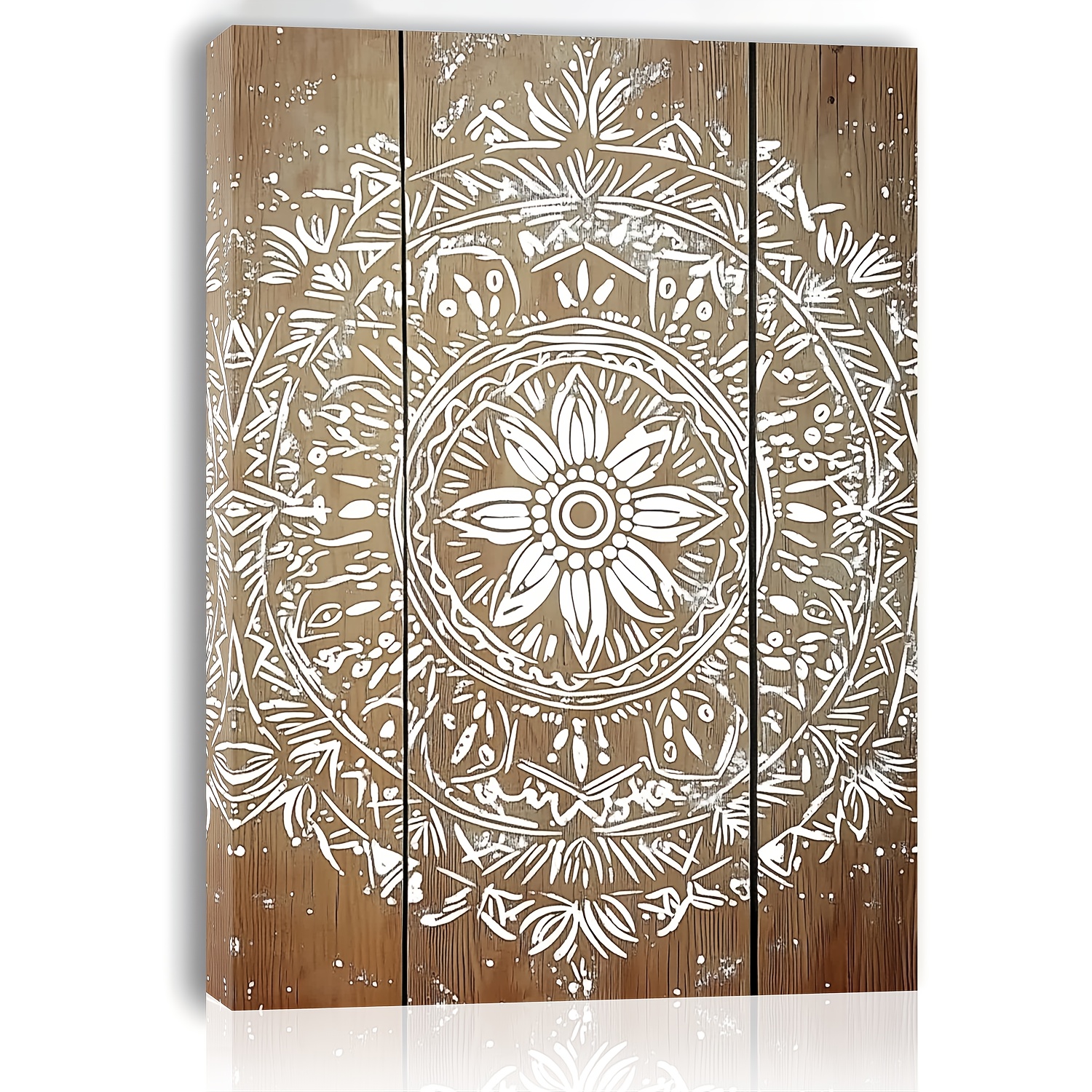 

[1pc Bohemian Mandala Canvas Art] 1pc Bohemian Canvas Print, Design On Light Brown Wooden Frame, Woven Home Decor, 11.8" X 15.7", With Other Material, For Living Room, Bedroom, Office, Bachelor Party