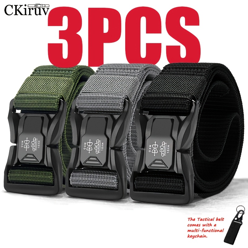 Image of 3pcs Men's Nylon Tactical Belt -release Design, Wear-resistant, Durable And Breathable, Lightweight And Adjustable, With A Keychain, Suitable For Work, Hiking And Daily Life, And An Gift For Holidays