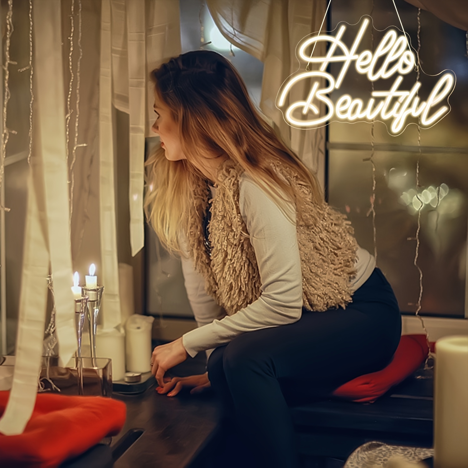 Semn Neon LED „Hello Beautiful” – Lumini Neon pentru Perete, Conectare USB, Decor pentru Nuntă, Petrecere, Dormitor, Zi de Naștere, Salon de Înfrumusețare
