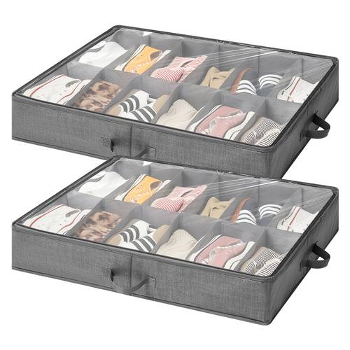 2pcs large capacity under bed shoe organizer foldable transparent non woven storage box with 12 compartments closure multipurpose use under bed storage