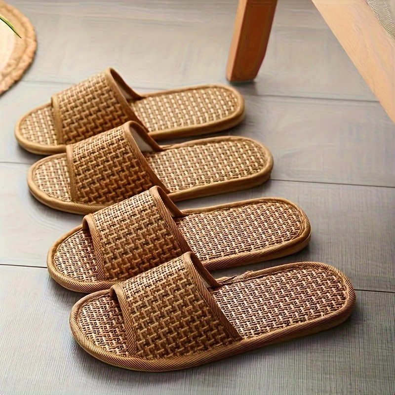 

Unisex Bamboo Woven Rattan Straw Slippers, Indoor Linen Slip-on Shoes, Comfortable Breathable House Slides For Couples