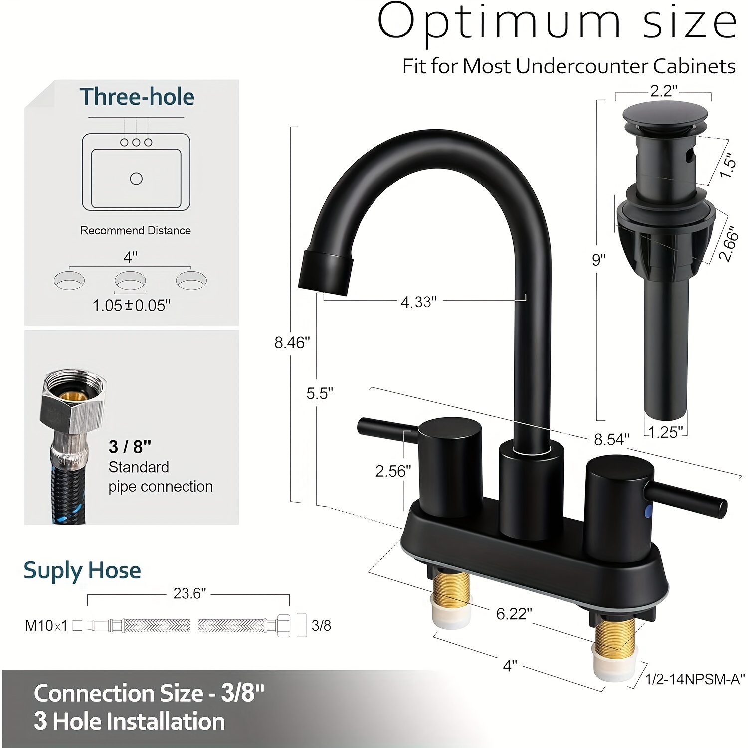 AirLans Atte Black Bathroo Faucet 2 Or 3 Hole, 2 Handle 4 Inch Centerset Stainless Steel