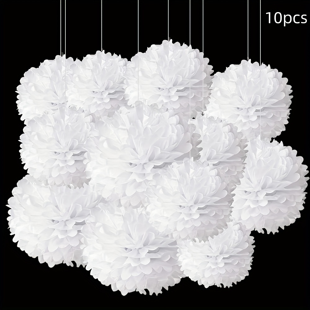 

10-piece Elegant Paper Pom Poms - 10" White Flower Balls For Wedding, Birthday & Outdoor Celebrations - Versatile Ceiling & Wall Decor