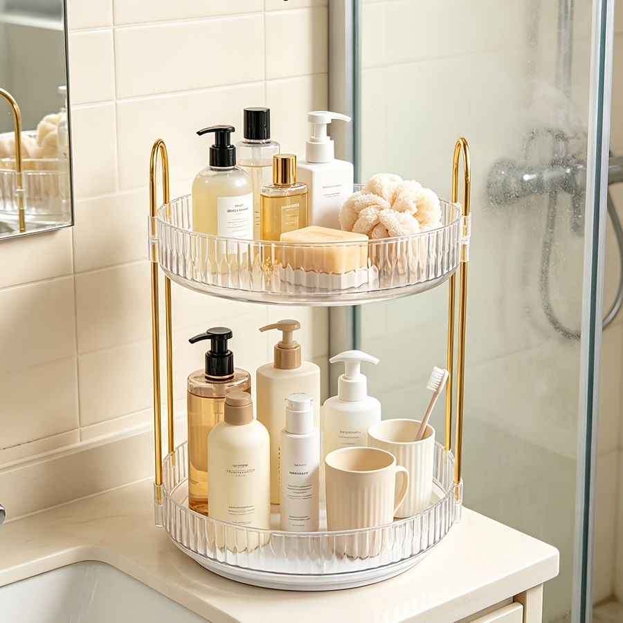 TEMU Organizador de maquillaje giratorio de capa con ribete dorado de lujo , estante de almacenamiento para baño, de almacenamiento de cosméticos de