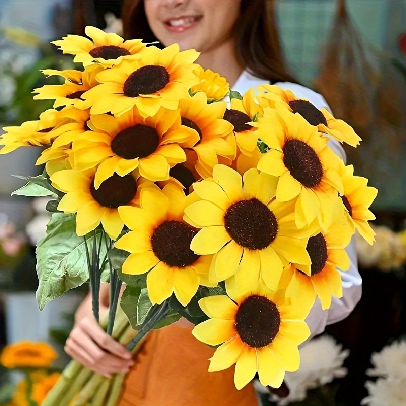 

Artificial Flower Bouquets Of Sunflowers, Fake Sunflower Bouquets With Stems, Prepare Fake Plants Uv Protection Green Artificial Outdoor Flowers Do Not Fade Garden Porch Windowsill Decoration