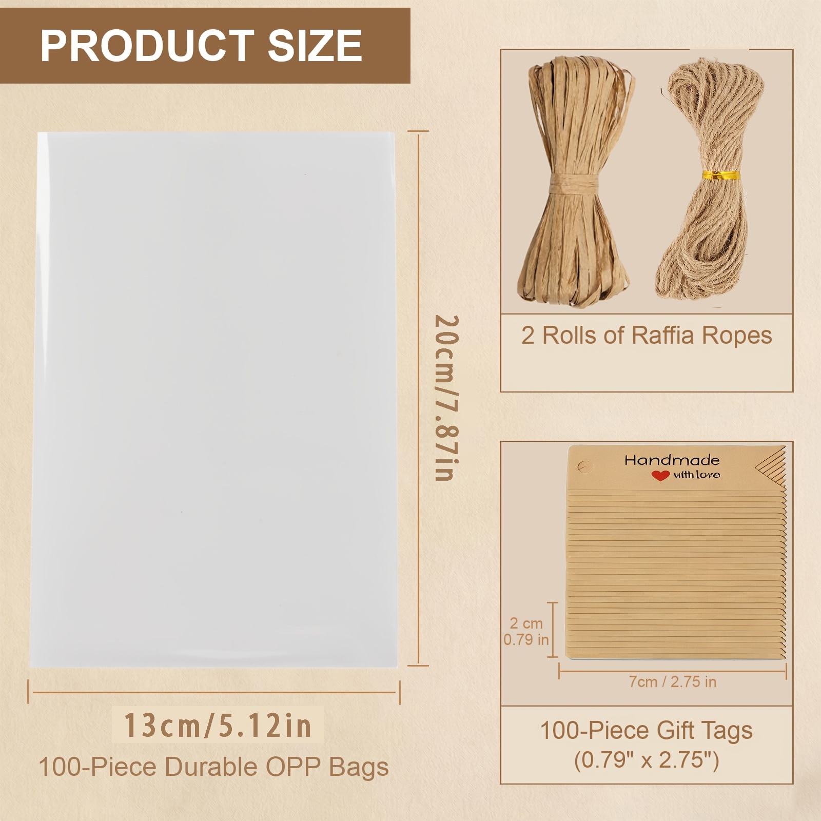 TEMU 100 Plastic Cellophane Bags, With Raffia Twine And 100 "" Tags, Clear Candy Packaging Bags Suitable For Wrapping Homemade Soaps, Crafts, Gifts,