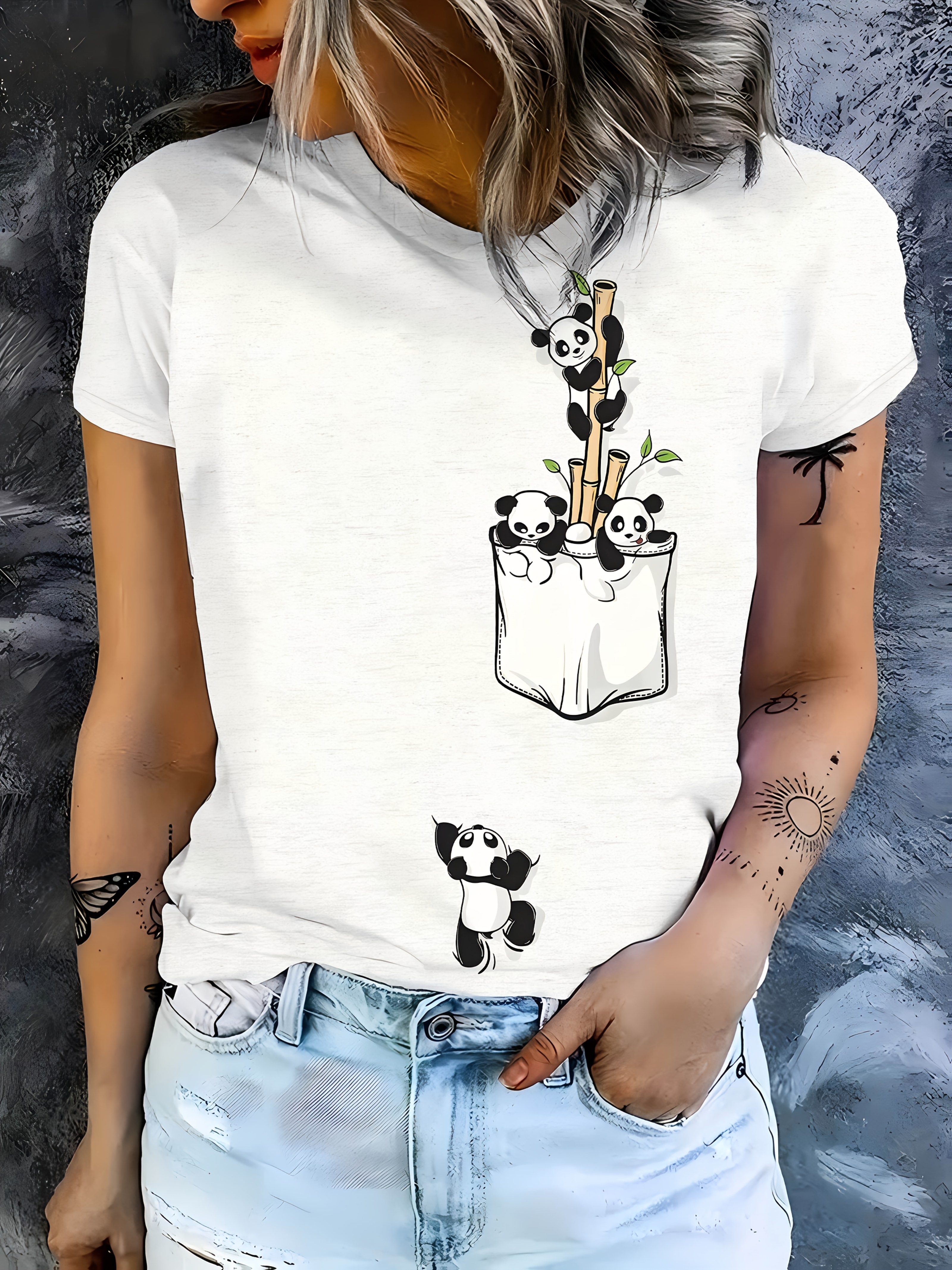 Women's Casual Elegant Panda Print Crew Neck T-Shirt - Short Sleeve Bamboo Graphic Tee, Soft Breathable Fabric, Machine Washable, Spring Summer Top, Panda Gifts, Casual Attire Shirt, Durable Print Shirt