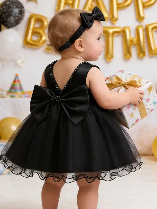 toddler black dress TENTIDE Baby Girl Wedding Sleeveless V Neck A-line Bridesmaid Party Dresses Princess Tulle Ball Gown (Black,0-3 Month): Clothing, Shoes & Jewelry comfortable and easy to wash Little Girls Black Dresses &