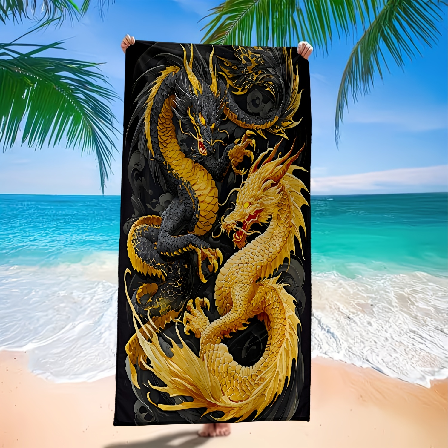 TEMU 1pc Double Dragon Contesting Soft Beach Towel, Suitable For Travel, Picnic, Beach, Camping, Modern Bathroom, , Swimming, Etc