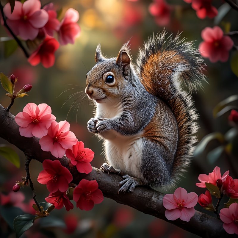 TEMU Convient pour les , sur des branches de fleurs rouges : Kit de peinture diamant "Scènes de printemps d'écureuil", kit complet de bricolage d'art