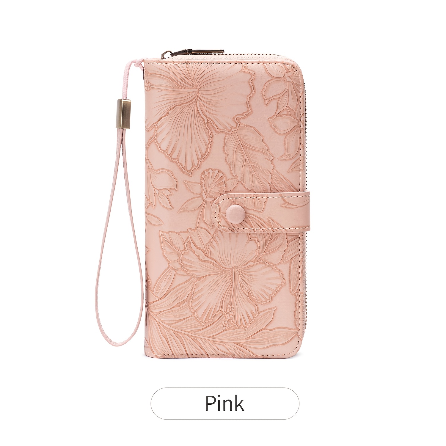 TEMU 2026 New Women's Elegant Floral Embossed Long Wallet Rfid Anti-theft Zip Clutch With Wrist Strap, Multi-card Slots For Daily Use