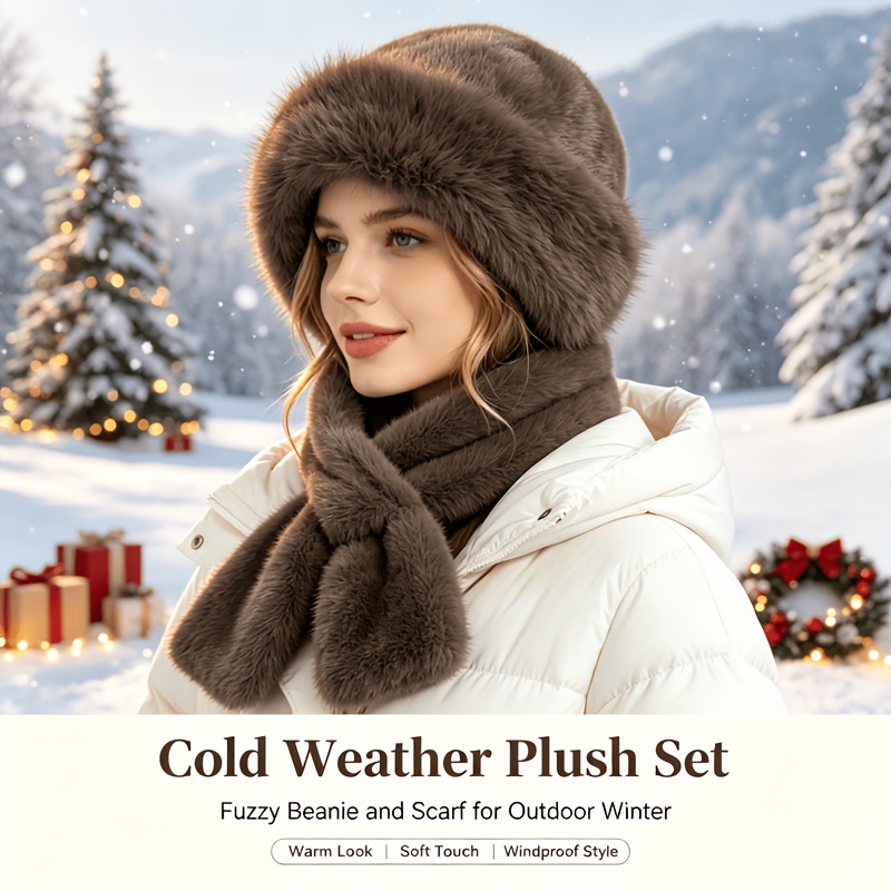 Christmas Gift Women's Beige Faux Hat & Scarf Set, Soft Fluffy Plush Warm Cold-Weather Accessory Kit, Elegant Fashion Head-Neck Wear for Halloween Costume, Outdoor Travel, Daily Matching, Ideal Festive Present for Ladies' Cold-Weather Winter Outfits