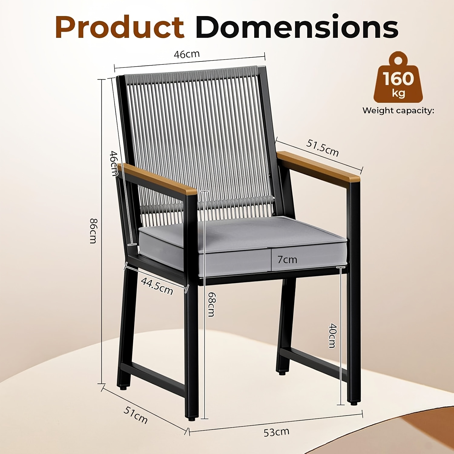 Image of Outdoor Rattan Chair, 51x53x86cm, With Wpc Armrests, Heavy Duty 160kg, Balcony Dining Chair, Coated Metal Frame, Easy Assembly, 7cm Removable Cushion, For Patio, Balcony, Cafes