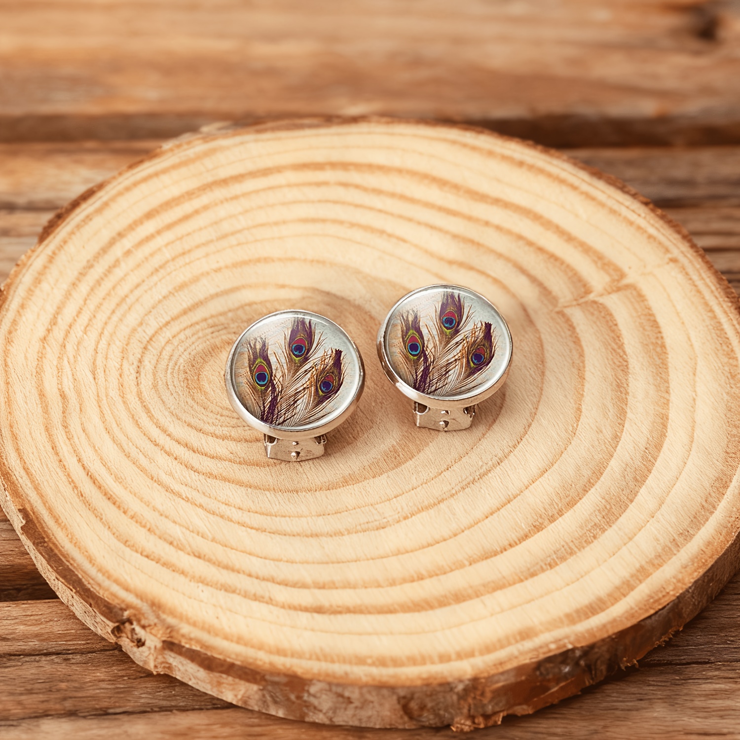 Women's No-Piercing Round Glass-Faced Earrings, Peacock Design