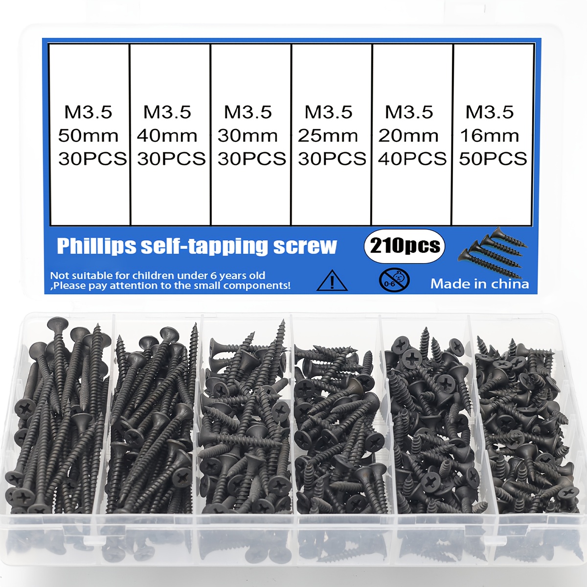 TEMU 210 Pezzi Kit di Viti Autofilettanti M3.5 a Croce Phillips - 6 Misure (16mm-50mm) Viti per Legno Testa a Croce , Ideali per Progetti Fai da Te,