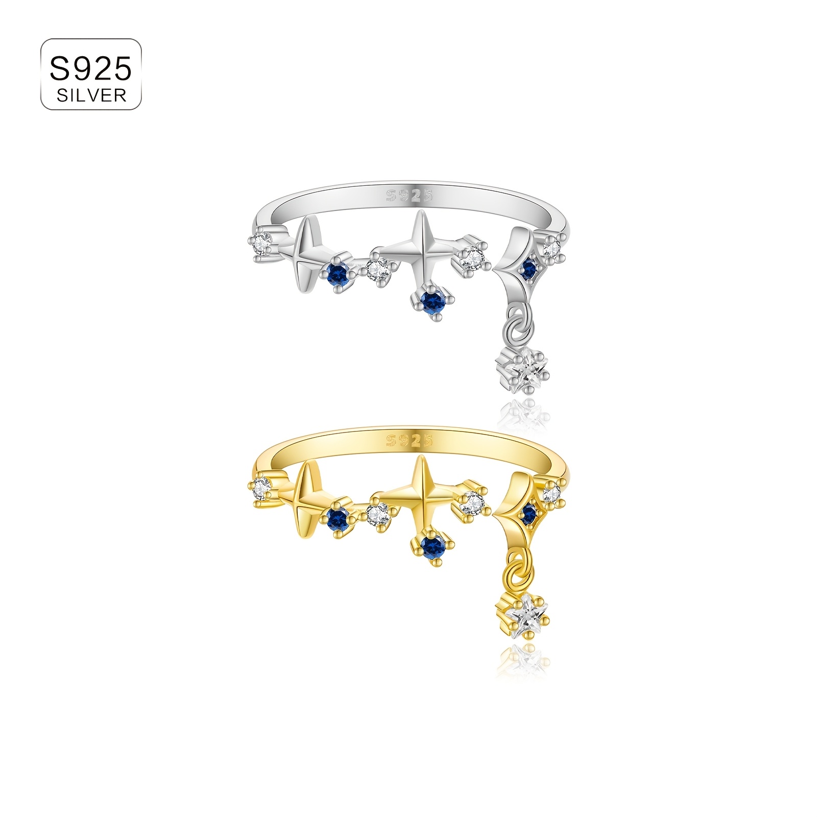 925 Silver Opening Ring Adjustable Size 18k Gold Plated Zirconia Accents