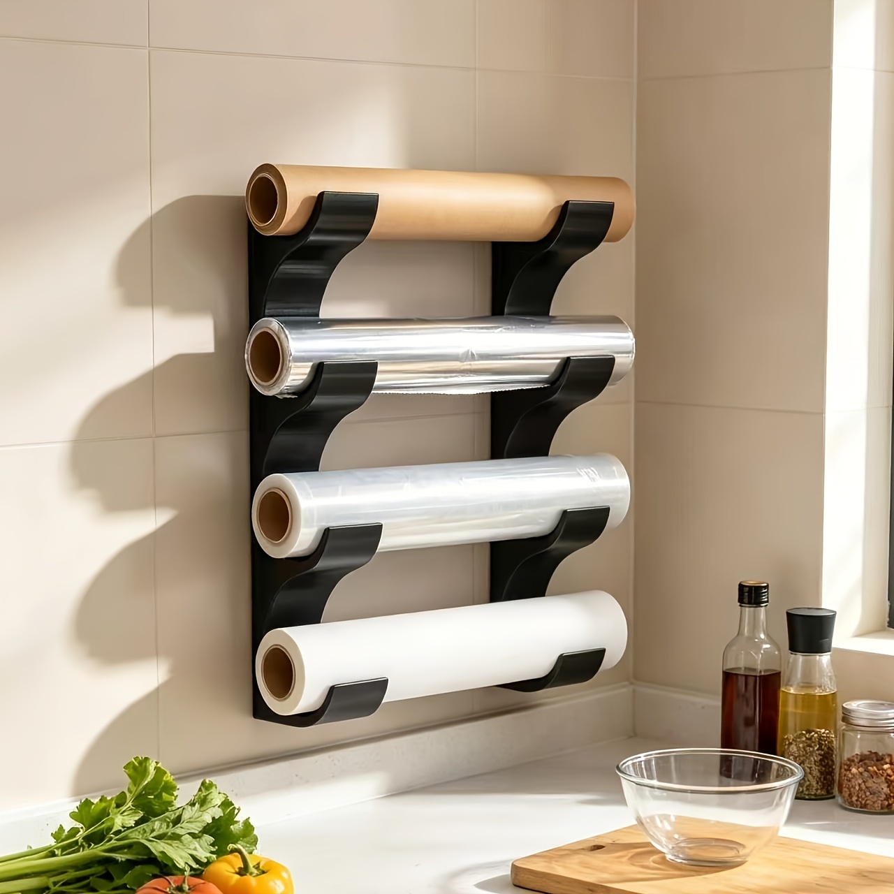 TEMU 2pcs Kitchen Roll Paper Storage Rack, Durable Material, No Drilling Required, Includes Adhesive Tape, In Black And White, 4-tier Wall-mounted