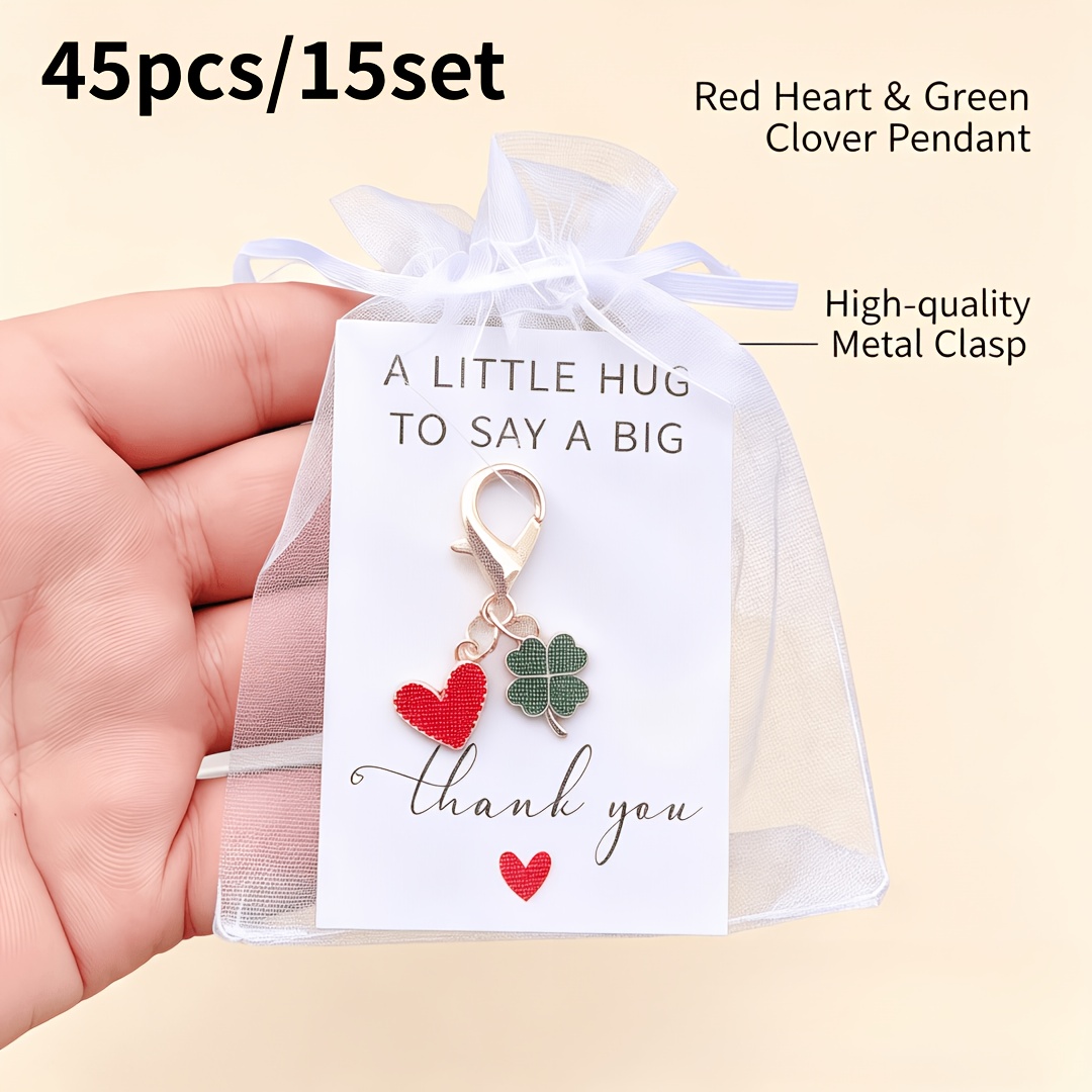 TEMU 45pcs/15set Clover Heart Keychain Bulk - Spring Celebration Wedding Guest Favors, 15 Keychains   15 Cardboards   15 Gift Organza Bags - Floral