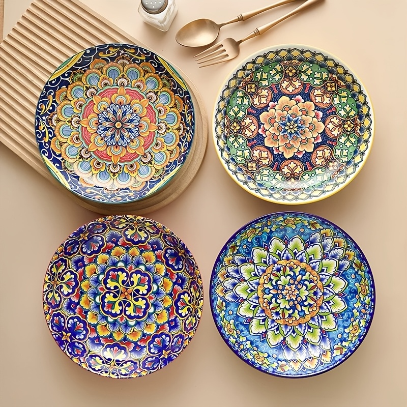 TEMU Set Of 4 Bohemian-style Ceramic Plates, Handcrafted Boho Plates With Floral And , Vibrant Colors, Underglaze Technique, Dishwasher, Oven, And